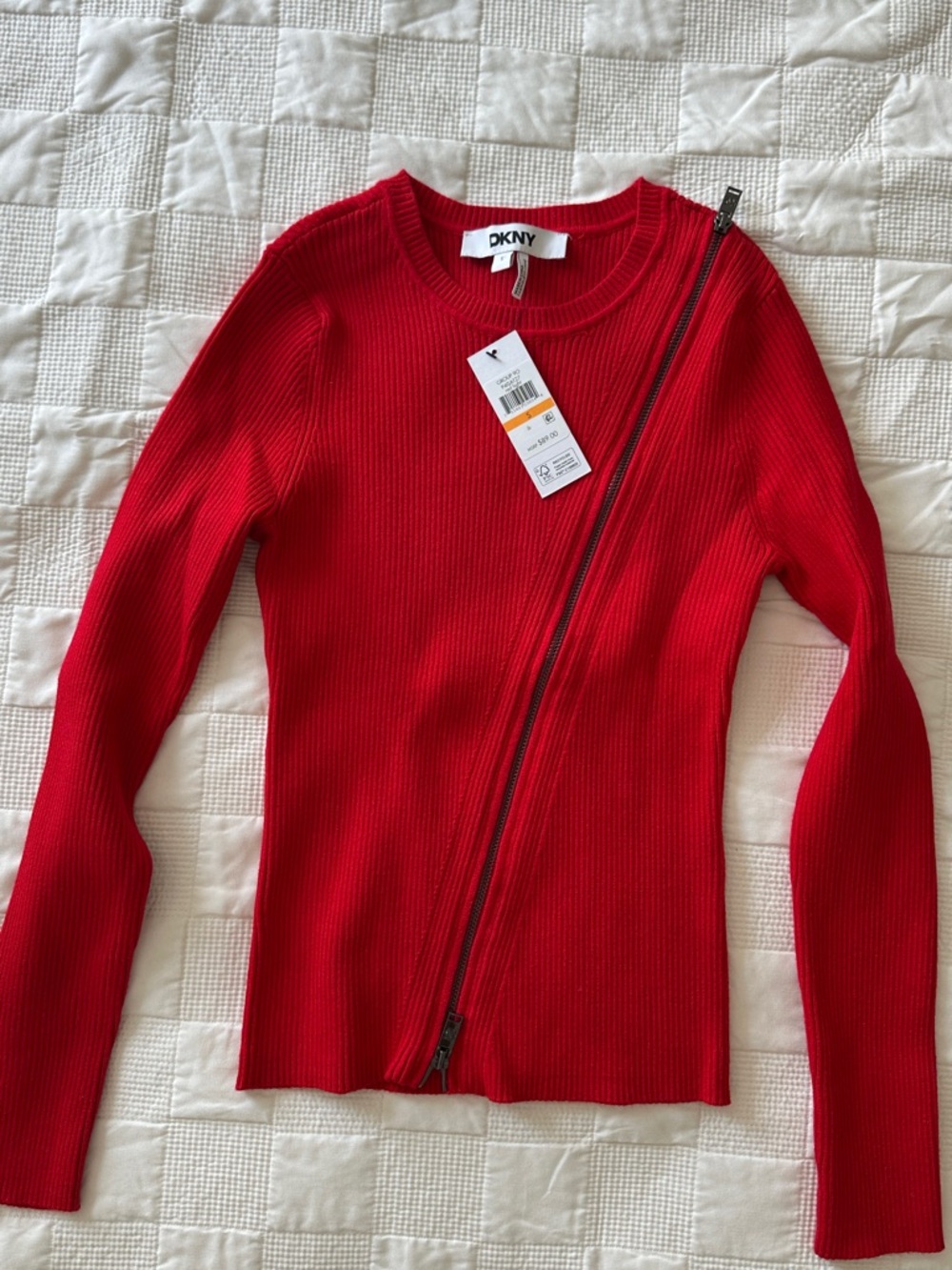 DKNY Red Ribbed Crewneck Sweater with Tag